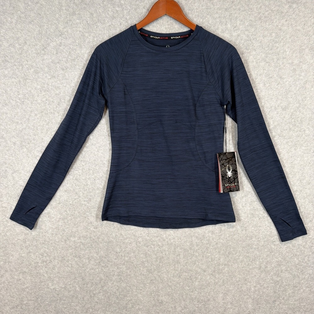Spyder Active Womens Long Sleeve Top Thumb Holes Zipper Pocket Navy Blue